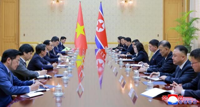 North Korean Foreign Minister Choe Son-hui 5th from right attends a meeting with Vietnamese Foreign Minister Lê Hoài Trung 4th from left in Pyongyang on May 13 2026 in this photo released by the state-run North Korean Central News Agency the following day