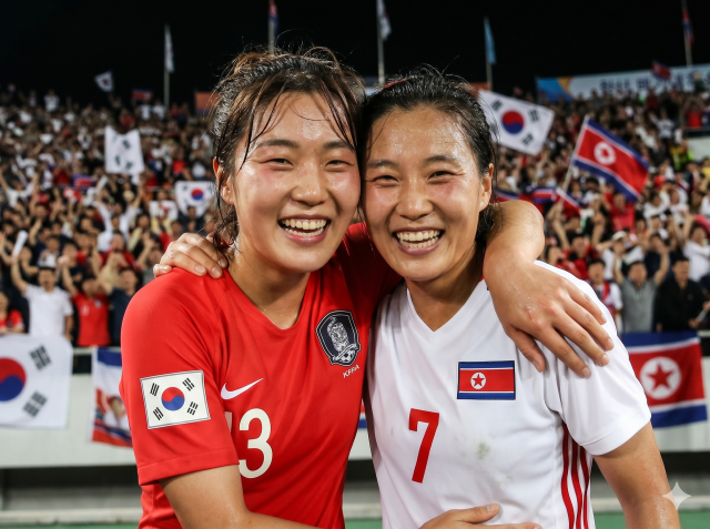 This AI-generated image depicts a South Korean female football player posing for an after-match photograph with her rival from Pyongyang 