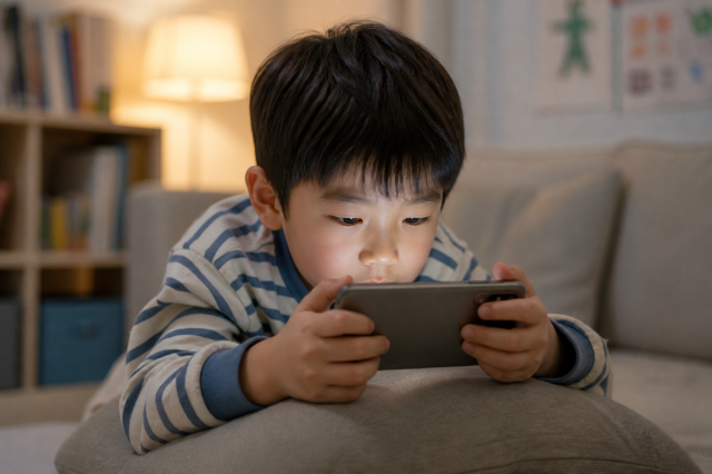 A child intently uses a smartphone in a home setting Generated by AI