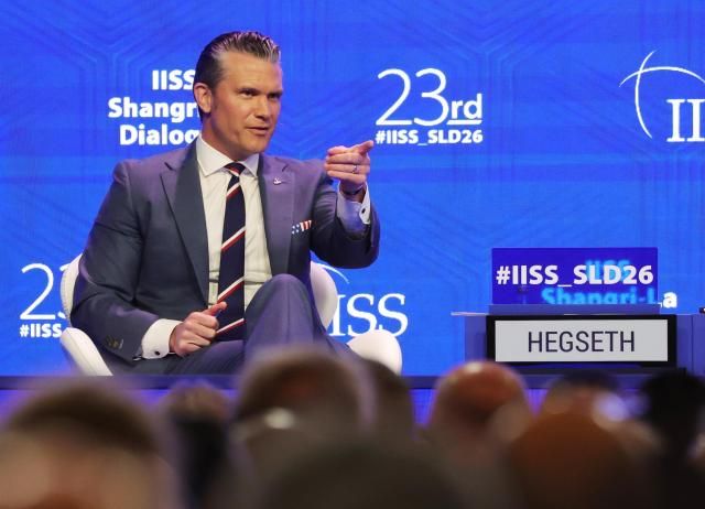 US Secretary of Defense Pete Hegseth gestures during a question and answer session in a plenary session of the International Institute for Strategic Studies IISS Shangri-la Dialogue Defence Summit in Singapore 30 May 2026 Defense ministers and officials from 44 countries are gathered in the city state for the IISS Shangri-la Dialogue an annual high level defence summit in the Asia Pacific region EPAYONHAP