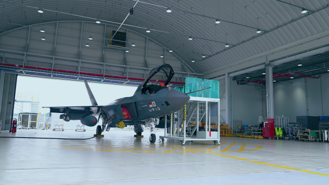 A South Korean KF-21 Boramae fighter jet is parked inside a hangar on April 22 2026 Courtesy of ROK Air Force