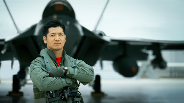 Maj Song Min-seok a South Korean Air Force KF-21 test pilot poses in front of a KF-21 fighter jet on April 22 2026 Courtesy of ROK Air Force