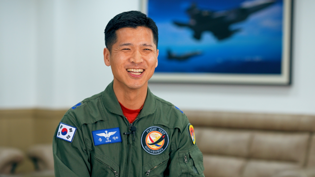 Maj Song Min-seok a KF-21 test pilot with the South Korean Air Force’s 281st Flight Test Squadron smiles during an interview in this file photo taken on April 22 2026 Courtesy of ROK Air Force