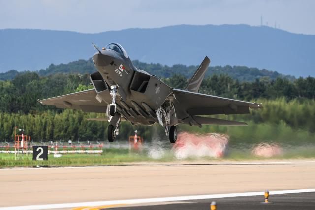 A South Korean KF-21 Boramae fighter jet takes off during a test flight on April 22 2026 Courtesy of ROK Air Force