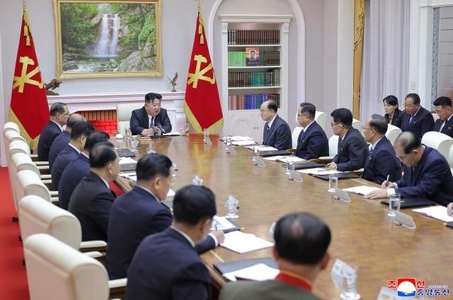 North Koreas leader Kim Jong-un attends an enlarged meeting of the 2nd Plenary Session of the 9th Central Committee of the Workers Party of Korea held from June 20 to 22 2026 in this photo released by the Korean Central News Agency on June 23 Yonhap 