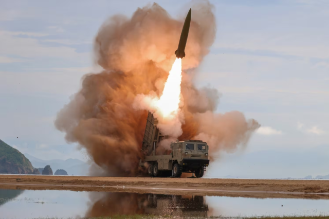 A tactical ballistic missile is launched in this photo released by North Korea’s state-run Rodong Sinmun on June 26 2026