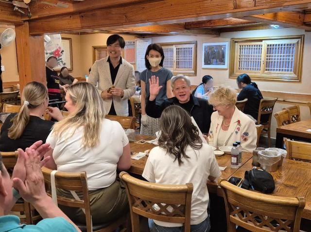 Nvidia CEO Jensen Huang is seen at Tosokchon a popular samgyetang restaurant in Seoul on June 7 2026 Yonhap