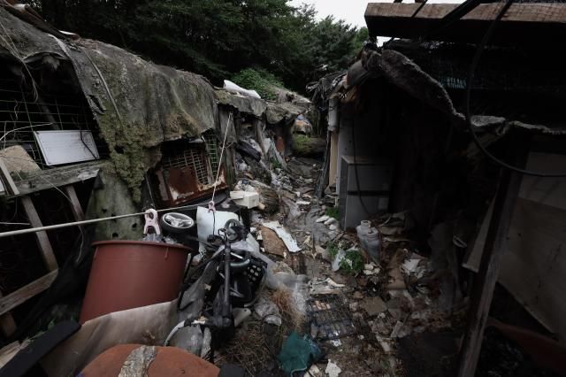 Debris scrap metal and discarded household items fill a narrow passage between moss-covered shanty structures in Guryong Village Seoul South Korea AJP Han Jun-gu