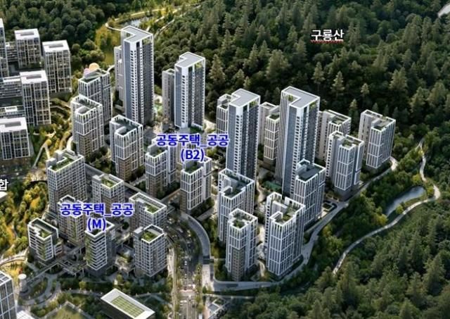 An artist’s rendering shows the planned public housing complexes in the M and B2 blocks of Guryong Village in Seoul’s Gangnam District The two blocks will contain a combined 2120 housing units Courtesy of the Seoul Metropolitan Government