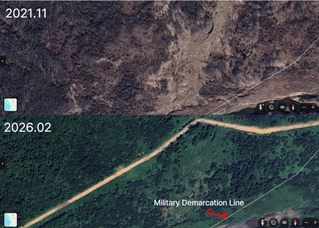 A comparison of Google Earth satellite images from November 2021 top and February 2026 shows a newly constructed road along the North Korean side of the Military Demarcation Line 