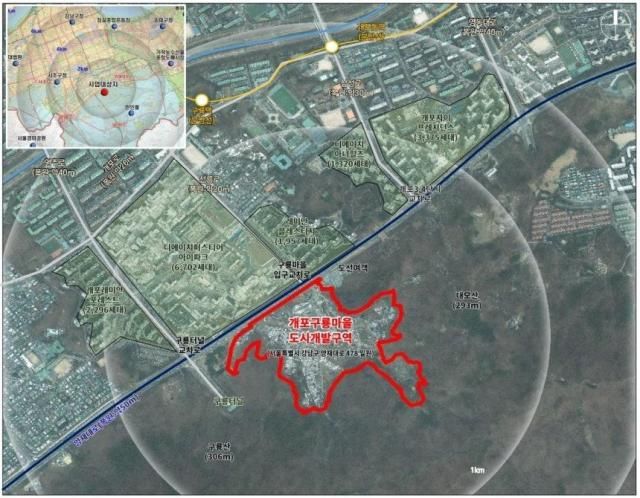 A map shows the location of the Guryong Village urban development zone in Seoul’s Gangnam District and nearby residential complexes, roads and green areas. Courtesy of the Seoul Metropolitan Government