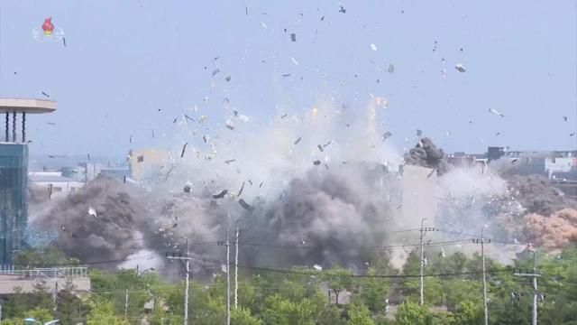 The inter-Korean liaison office in the border town of Kaesong is being blown up on June 16 2020 in this file photo released by the state-run North Korean Central News Agency