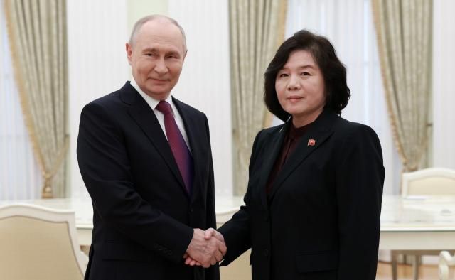 Russian President Vladimir Putin greets North Korean foreign minister Choe Sun hui in July 2026 Courtesy of the Russian presidential office 