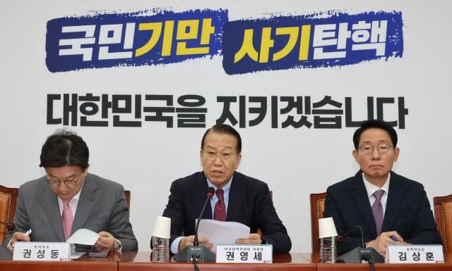 与党「国民の力」のクォン・ヨンセ非常対策委員長が13日、ソウル汝矣島の国会で開かれた非常対策委員会議で発言している 写真連合ニュース