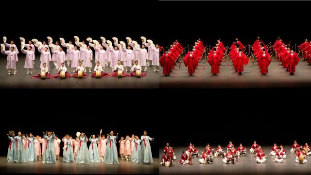 クラウンヘテ韓音会で役職員の国楽サークルが舞台を繰り広げている 左側左上から時計回りにパンソリパンパンセ八日無八風の身振りサムルノリ夢を焼くサムルノリの民謡民謡一度聞いてみましょうチーム写真クラウンヘテ製菓