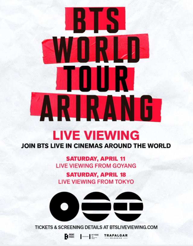 This photo captured from Korean Cinema franchise CGV show poster of BTS World Tour Arirang Live Viewing event poster 