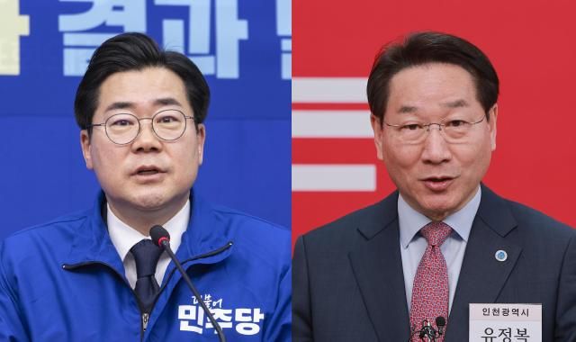 Ứng cử viên thị trưởng Incheon Park Chan-dae của Đảng Dân chủ (trái) và Yoo Jeong-bok của Đảng Sức mạnh Quốc dân [ảnh=Yonhap News]