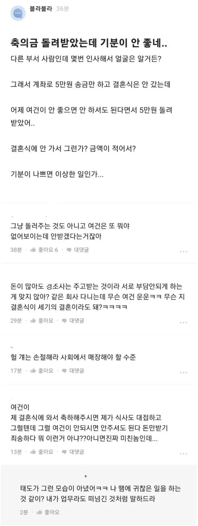 축의금 돌려받았는데 기분이 안 좋네