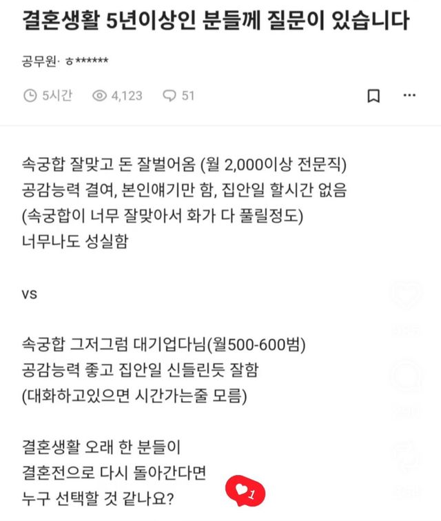 기혼자들 울린 '밸런스 게임' 이미지