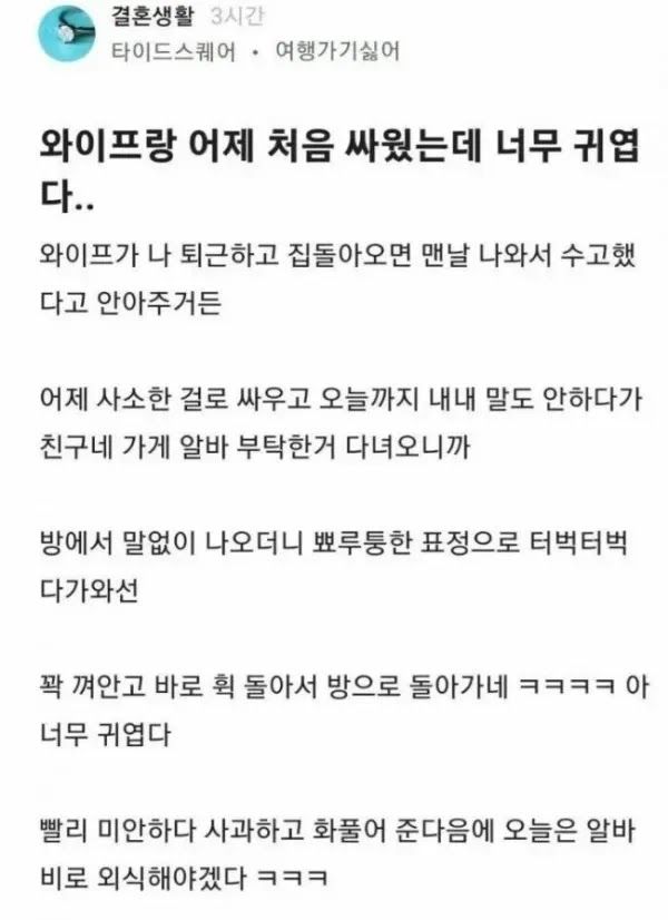 싸워도 귀여워… 첫 부부싸움 후 아내의 '츤데레' 포옹에 녹아버린 남편 이미지