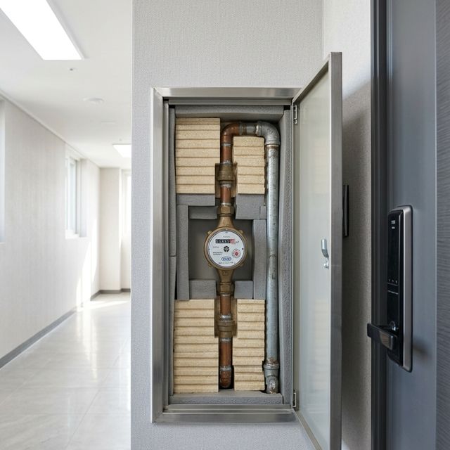 밝은 아파트 복도 벽면의 수도계량기함 내부와 보온재 상태