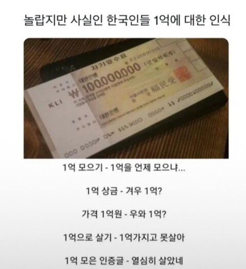겨우 1억? vs 우와 1억!… 상황 따라 확 갈리는 한국인의 묘한 '1억' 인식 이미지