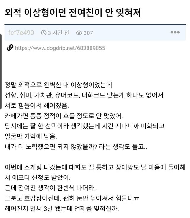 얼굴만 기억에 남아… 외적 이상형 전여친 못 잊어 괴로운 남자 이미지