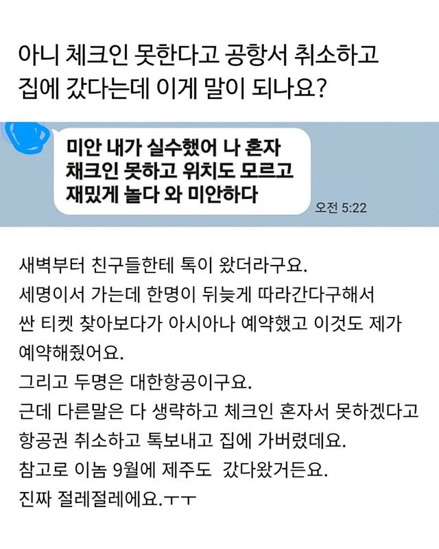 나 체크인 못 해 공항에서 비행기 취소하고 집으로 돌아간 어느 사연 이미지