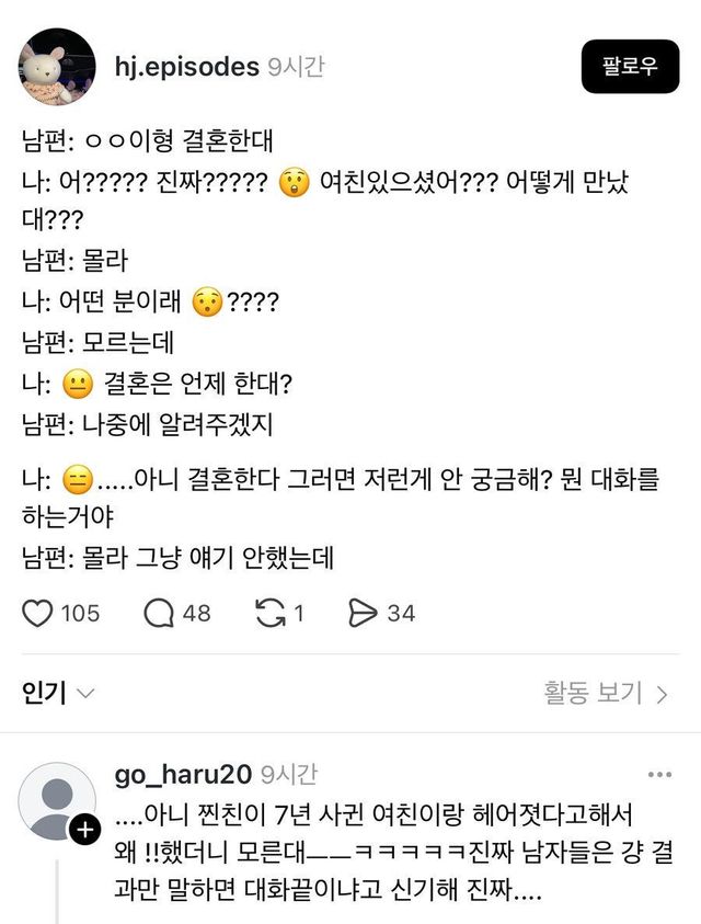 결혼한대? 어.. 끝?… 여성들이 경악한 남자들의 '초간결' 대화법 이미지