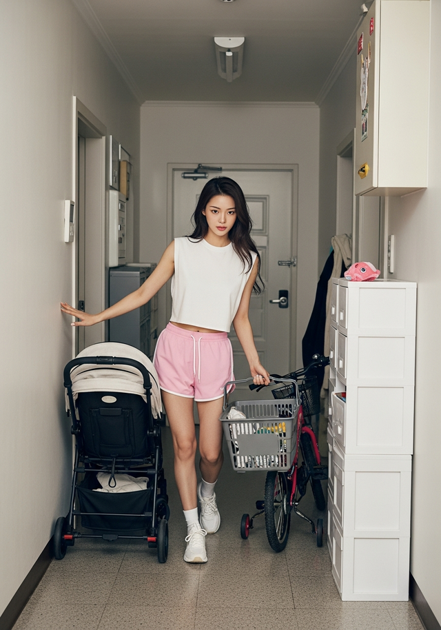 아파트 복도에 쌓인 자전거와 유모차