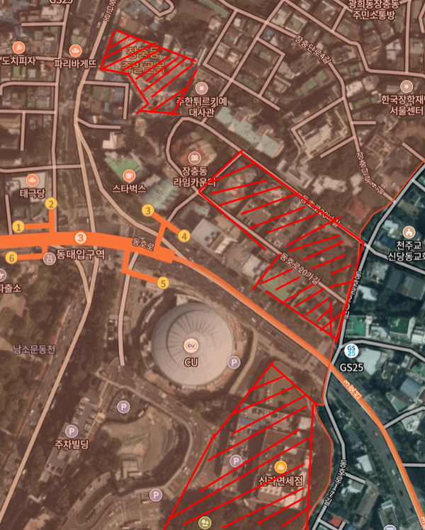 장충동 일대의 위성 사진. 빗금친 부분은 범삼성가의 부동산. 실제로는 이보다 넓은데, 주로 동대입구역 우측에 자리하고 있다. [사진=구글맵/뉴스로드]