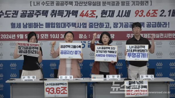 경실련 관계자들이 지난해 기자회견에서 매입임대주택 사업을 비판하는 모습 [사진=뉴스로드]