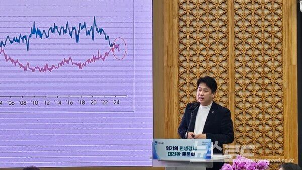 '위기의 민생경제 대전환 토론회'에서 이진우 기자가 발표하고 있다./사진=뉴스로드 김영식 기자