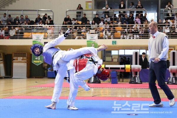 중국 셴닝시 태권도 대표단 초청 선수와 친선 대련을 펼치는 모습(좌측 셴닝시 선수)/사진=의왕시