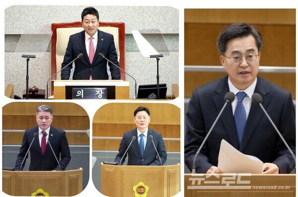 김동연 경기도지사, 경기도의회 김진경 의장, 경기도의회 국민의힘 김정호 대표의원, 경기도의회 더불어민주당 최종현 대표의원 모습(반시계 방향부터)/사진=경기도의회