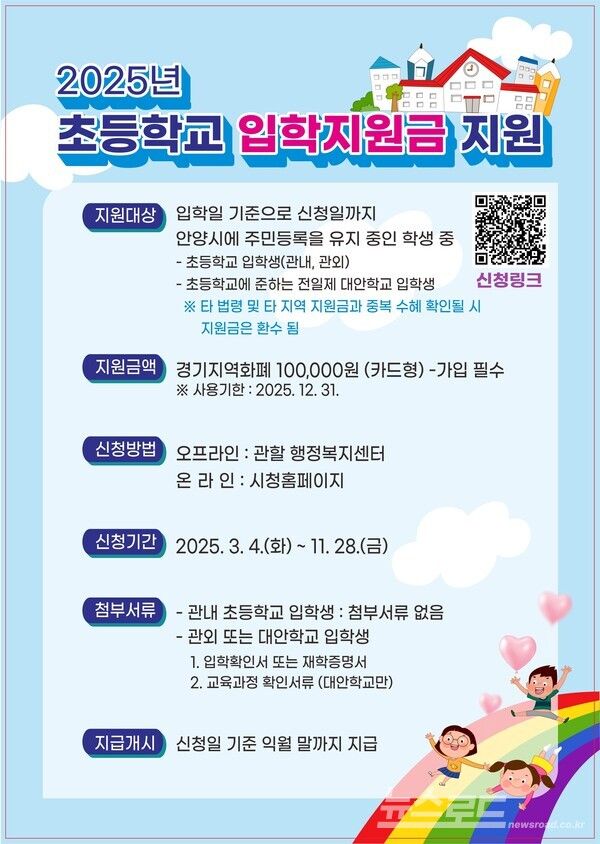 2025년 초등학교 입학지원금 포스터/사진=안양시