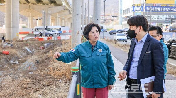 신계용 시장이 지식정보타운 내 갈현천을 점검하고 있다./사진=과천시