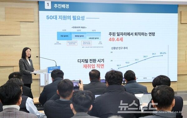 황희민 평생학습사업본부장이 4일 오전 시청 중회의실에서 열린 정책브리핑에서 '광명시민 평생학습지원금'에 대해 설명하고 있다./사진=광명시