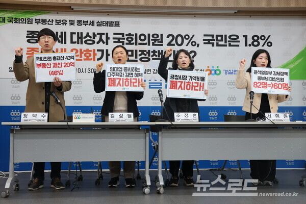 경실련 관계자들이 종부세 완화정책을 비판하는 기자회견을 진행하는 모습 [사진=경실련]