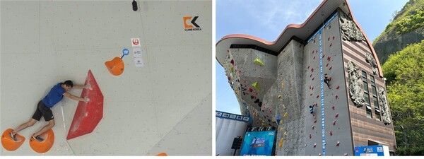 (좌)대한산악연맹의 공식 후원사로 월드컵 대회, 청소년 세계선수권대회 등&nbsp;다양한 대회를 함께 하면서 외국인 선수들에게도 높은 인지도와 기술력으로 호평을 받고 있다. 사진은 2022년 IFSC 월드컵 대회&nbsp; (우)클라임코리아가 시공한&nbsp; 2023 IFSC 서울 스포츠클라이밍 월드컵 경기장 모습