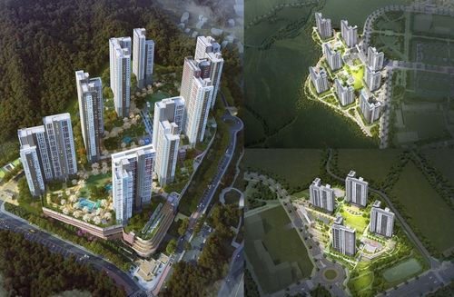 거제 아주 공공지원 민간임대주택(왼쪽)과 밀양부북 A-1·S-2BL 민간참여 공공주택건설사업(오른쪽) 조감도.&nbsp;