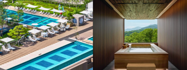 안토의 야외 수영장과 가든하우스 편백나무(히노끼)탕 [사진=한화호텔앤드리조트]