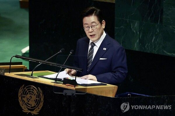 이재명 대통령이 유엔총회서 기조연설을 하는 모습 [사진=연합뉴스]