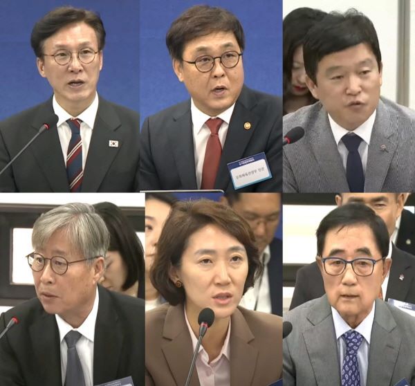[KTV 영상 캡처] 상단 왼쪽부터 김민석 국무총리, 최휘영 문화체육관광부 장관, 이경수 한국관광협회중앙회 회장, 이진석 한국여행업협회 회장, 송미선 하나투어 대표이사, 유용종 한국호텔업협회장