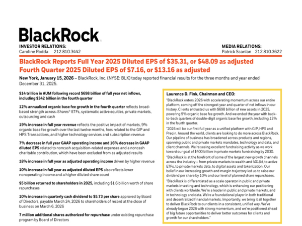 블랙록 2025년 연간 실적 발표 자료다. 2025년 말 기준 운용자산(AUM) 14조달러 돌파, 연간 순유입 6980억달러를 기록하며 ETF·사모시장·사모신용을 축으로 한 통합 플랫폼 전략의 성과를 수치로 제시했다. [자료=블랙록]