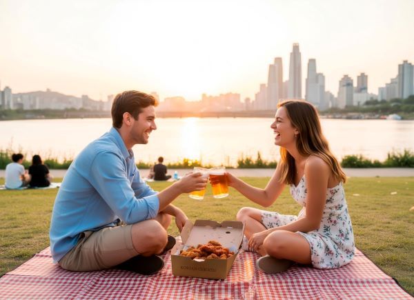 한강공원에서 치킨을 즐기며 한국인의 일상에 몰입하는 외국인 관광객들의 모습 [출처=클립아트코리아]