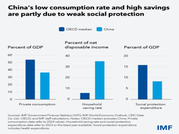 중국의 낮은 민간소비 비중과 높은 가계저축률이 취약한 사회보장 지출 구조와 맞물려 나타나고 있음을 보여주는 IMF 비교 그래프 [자료=IMF]