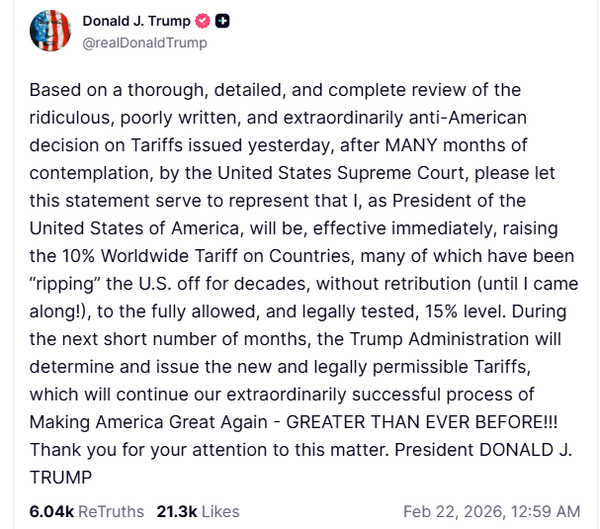 트럼프 대통령이 22일 트루스소셜에 올린 글 [사진=트루스소셜 갈무리/뉴스로드]