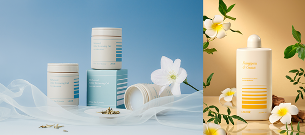 라브아의 ‘퍼퓸 실내 탈취제 화이트티 & 자스민 향’, ‘퍼퓸 비건 섬유유연제 프랑지파니 & 가이악 향’. /사진출처=라브아 공식 홈페이지