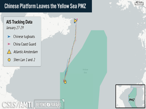 중국 해양관리 플랫폼 ‘애틀랜틱 암스테르담’이 2026년 1월 27~29일 서해 임시조치구역(PMZ)을 이탈해 북쪽으로 이동한 경로를 나타낸 AIS 항적 자료. 예인선과 중국 해안경비대 선박이 플랫폼을 호위하며 이동한 궤적이 확인된다. [자료=CSIS·AMTI]